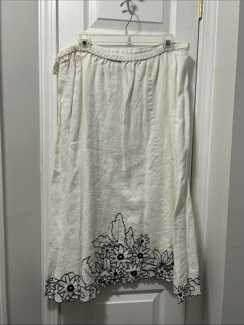 White  & Black linen Maxi Skirt with Black Floral Embroidery